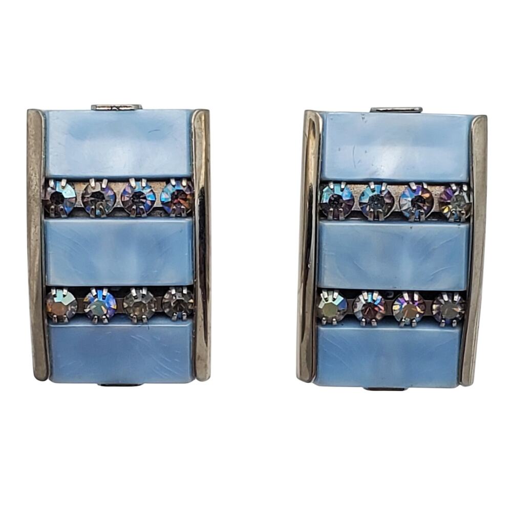 Kramer NY Blue AB Rhinestone Clip Earrings Faux MOP Lucite Signed 1960s Vintage